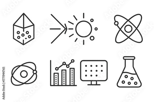 Quantum Dot Icons. Line style icons of Quantum Dots: Crystal, Light Beam, Particle, Atom, Electron Orbit, Diagram, Screen, Lab