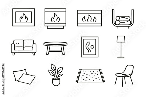 Electric coffee flame stylish plant modern chair fireplace sleek icon icons vector