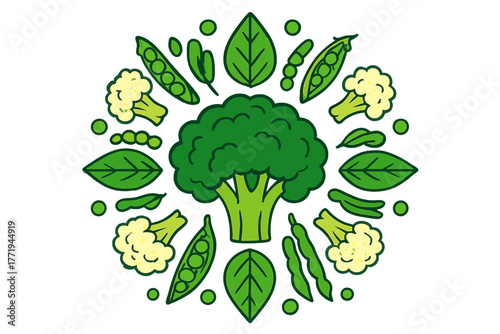 Vegetable Mandala Design. Broccoli in the middle with cauliflower, beans, peas, and leaves radiating outward in healthy mandala
