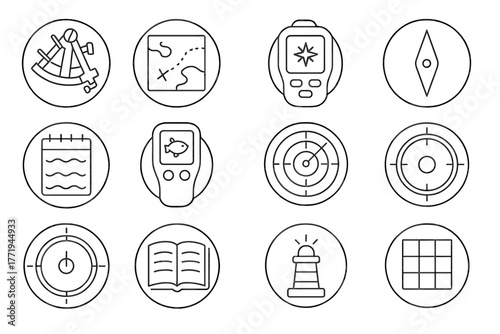 Navigation Tools Icons. Line style round vector icons of Navigation Tools: Sextant, Nautical Chart, GPS Device, Compass Needle;