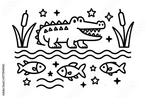 Crocodile Coloring Page. Crocodile in the middle with waves, fish, stars, and reeds arranged in a dangerous but playful symmetry,