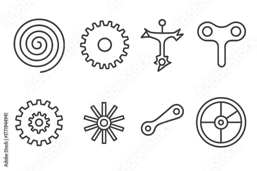 Clockwork Line Icons. Line style icons of Clockwork basics: spring, gear, escapement, wind-up key, cogwheel, pinion, lever,