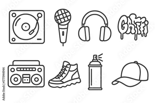 Hip Hop Icons. Line style icons of Hip Hop Culture: Turntable, Microphone, Headphones, Graffiti, Boombox, Sneakers, Spray Can, Cap