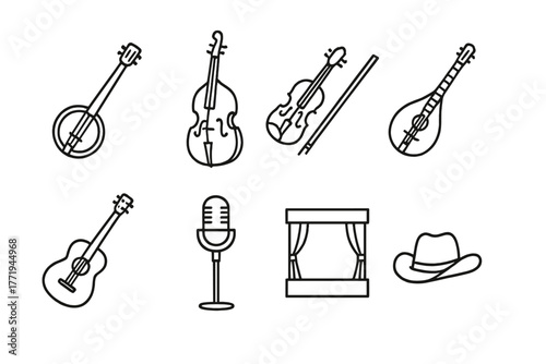 Bluegrass Icons. Line style icons of Bluegrass Music: Banjo, Upright Bass, Fiddle, Mandolin, Guitar, Microphone, Stage, Hat, No