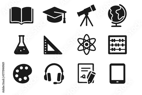 Graduation icon paper book atom tools open learning ruler vector tablet globe