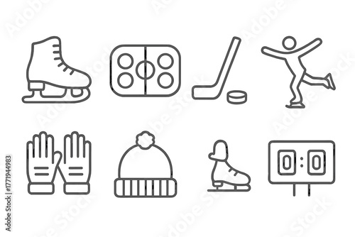 Ice Skating Icons. Line style icons of Ice Skating: Ice Skate, Rink, Hockey Stick, Puck, Figure Skater, Gloves, Beanie, Scoreboard