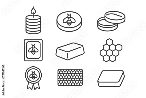 Beeswax Product Icons. Line style icons of Beeswax Products: Candle, Soap, Balm Tin, Mold, Wax Block, Comb, Seal, Sheet, No text,