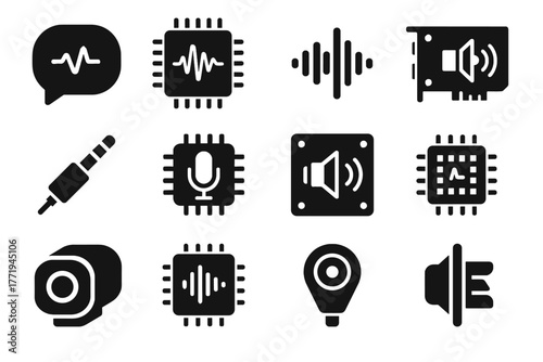 Speech sound set codec voice vector ai microchip board icon audio jack