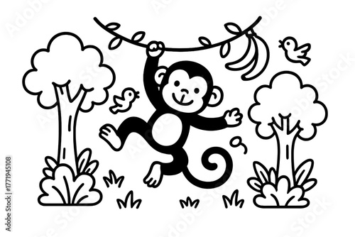 Monkey Coloring Page. A playful monkey hanging from a vine with bananas, trees, and birds around, black and white line art,