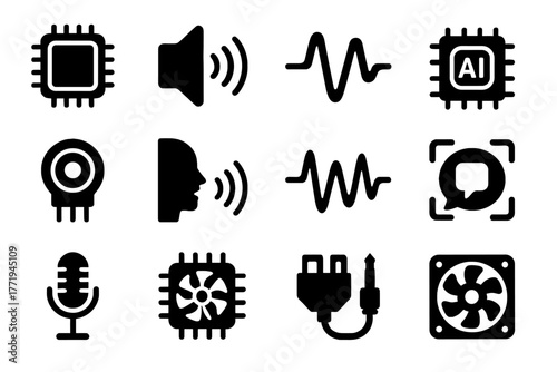 Vector chip port icon voice smart power cooling echo pulse audio wave