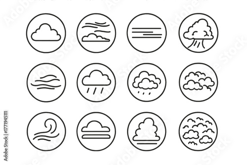 Line Style Cloud Icons. Line style icons of cloud types in round shape: cumulus, cirrus, stratus, cumulonimbus; lenticular cloud,