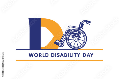 Wheelchair stands elegantly beside a vibrant letter representing World Disability Day against a bright white background