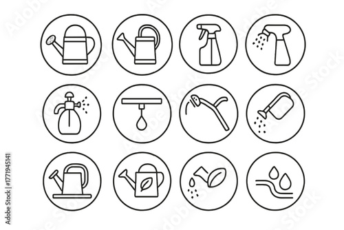 Watering Tools Icons. Line style icons of watering tools in round shape: classic watering can, long-spout can, plastic sprayer,