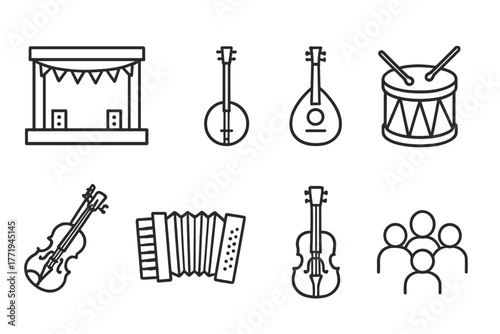 Festival Folk Icons. Line style icons of Festival Folk: Stage, Banjo, Mandolin, Drum, Violin, Accordion, Guitar, Crowd, No text,
