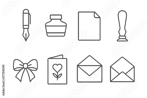 Writing Essentials Icons. Line style icons of Writing Letters: Fountain Pen, Ink Bottle, Paper Sheet, Wax Stamp, Ribbon, Folded