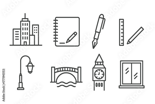 Cityline Icon Sketches. Line style icons of City Drawing: Skyline, Sketchbook, Pen, Ruler, Street Lamp, Bridge, Clock Tower,