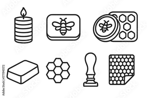 Beeswax Product Icons. Line style icons of Beeswax Products: Candle, Soap, Balm Tin, Mold, Wax Block, Comb, Seal, Sheet, No text,