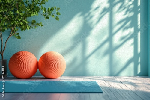 Yoga space with orange exercise balls beside a mat and potted plant in a bright room