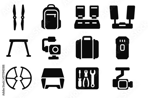 Vector landing charging transmitter propeller stabilizer drone sunshade icons accessories hood icon
