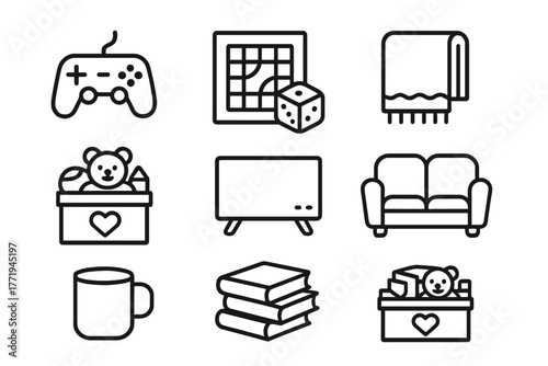 Family Room Essentials. Line style icons of Family Room: Game Console, Board Game, Blanket, Toy Box, Television, Sofa, Coffee Mug,