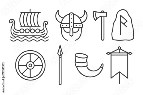 Viking Essentials Icons. Line style icons of Viking essentials: longship, helmet, axe, rune stone, shield, spear, drinking horn,