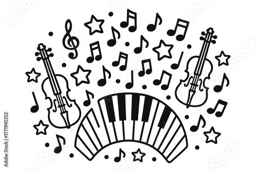 Musical Mandala Design. Piano keyboard in the center with treble clefs, notes, stars, and violins forming a balanced circular