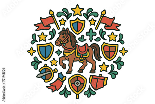 Mandala Warhorse Design. Warhorse in the center with saddles, banners, shields, and stars forming a powerful mandala design,