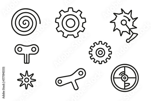 Clockwork Line Icons. Line style icons of Clockwork basics: spring, gear, escapement, wind-up key, cogwheel, pinion, lever,