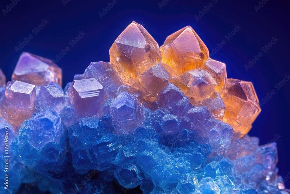 Obraz premium A vibrant cluster of glowing orange, purple, and blue crystals against a deep blue background, showcasing intricate mineral formations and mesmerizing colors.