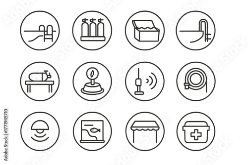 Dive Boat Equipment. Line style round vector icons of Dive Boat Setup: Dive Platform, Tank Rack, Wet Storage Box, Ladder Rail;