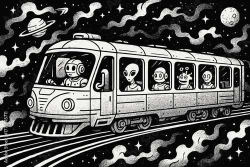 Intergalactic Train Adventure. Intergalactic train traveling on light rails through nebulas, with robots and alien passengers
