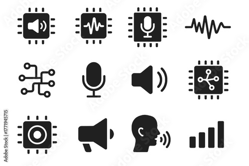 Voice waveform frequency chip speaker module icon microchip circuit vector sound