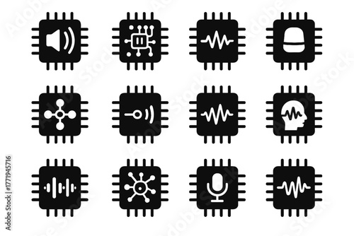 Processor recognition sound icons icon microchip chip waveform compact pulse vector voice