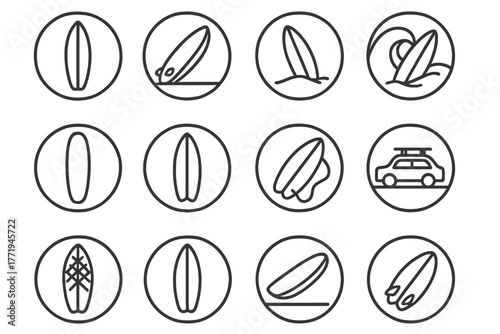 Surfboard Icons Collection. Line style icons of surfboards in round shape: upright surfboard, surfboard with fins, board in sand,