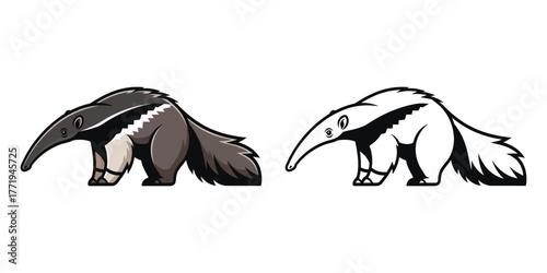 Stylized anteater illustration in color and black and white on white background animal
