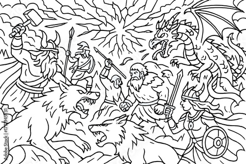 Epic Ragnarok Clash. Battlefield of Ragnarok with gods, giants, wolves, and dragons clashing under a shattered sky, black and