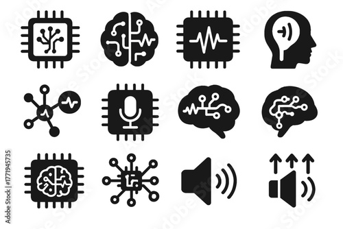 Chip neuron core arrows training neural speaker processor vector sound icon audio