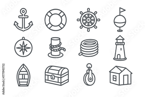 Nautical Miniatures Illustrations. Line style round vector icons of Nautical Miniatures: Anchor Charm, Tiny Lifebuoy, Mini Helm,