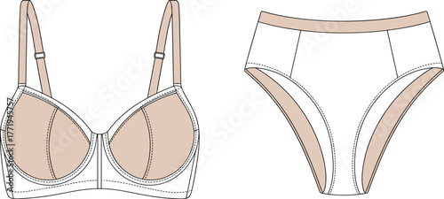 Comfortable Contour Cup Bra and High-Waisted Briefs Set Vector Illustration in Skin-Tone Nude Beige, Basic Underwear Technical Template, Fashion Flat Sketch.