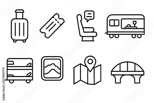 Train Travel Icons. Line style icons of Train Travel: Luggage, Ticket, Seat Reservation, Dining Car, Sleeping Car, Window View,