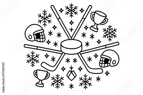 Hockey Mandala Art. Hockey puck in the center with sticks, helmets, ice crystals, and trophies arranged in circular mandala form,
