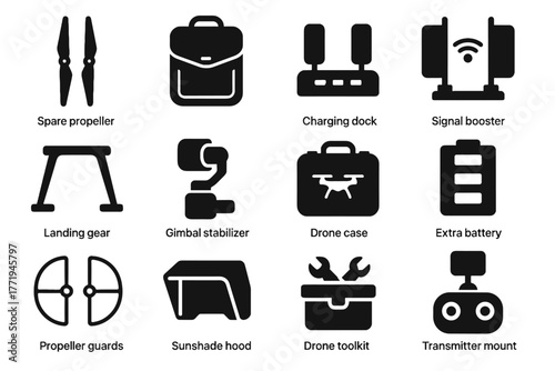 Icons drone gimbal signal battery icon landing vector dock bag extra accessories