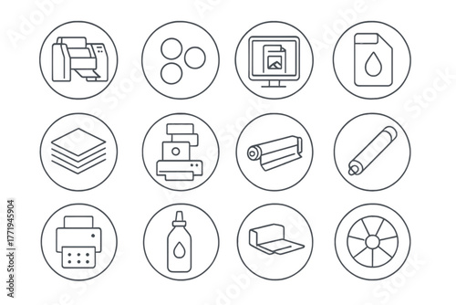 Modern Printing Icons. Line style round vector icons of Modern Printing: Offset Machine, CMYK Dots, Print Preview, Ink Cartridge;
