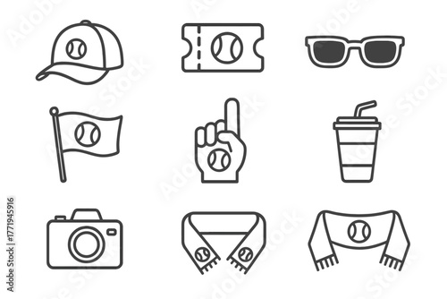 Tennis Fan Essentials. Line style icons of Tennis Fan: Cap, Ticket, Sunglasses, Flag, Foam Finger, Drink Cup, Camera, Scarf, No