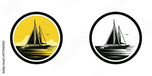 Two stylized sailboats on water with a bird in the sky sailing
