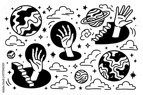 Cosmic Nightmare Art. Surreal cosmic nightmare with distorted planets, hands reaching from black holes, and staircases fading into
