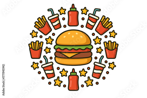 Burger Mandala Art. Burger in the center with fries, ketchup bottles, stars, and soda cups arranged in a circular mandala pattern,