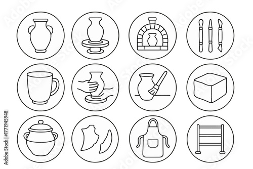Pottery Craft Icons. Line style circular vector icons of Pottery: Clay Vase, Pottery Wheel, Kiln, Sculpting Tools; Ceramic Cup,