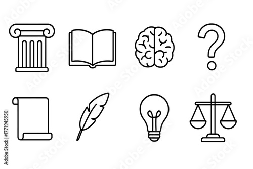 Philosophical Icons in Line. Line style icons of Philosophy: Greek Column, Open Book, Brain, Question Mark, Scroll, Feather Pen,
