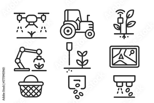 Agricultural Robotics Icons. Line style icons of Agricultural Robotics: Drone Sprayer, Tractor Robot, Plant Sensor, Watering Arm,